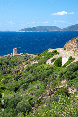 Viewpoint of the coast of Teulada from the coastal road SP71, with the tower of Piscinnì, Sardinia