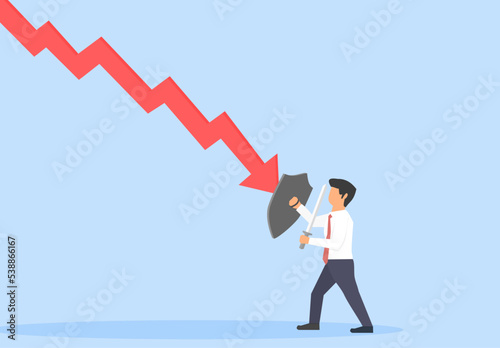business people trying to survive in the midst of the global recession hit in 2023. business people wearing shields and swords to block the pace of the financial graph that continues to decline