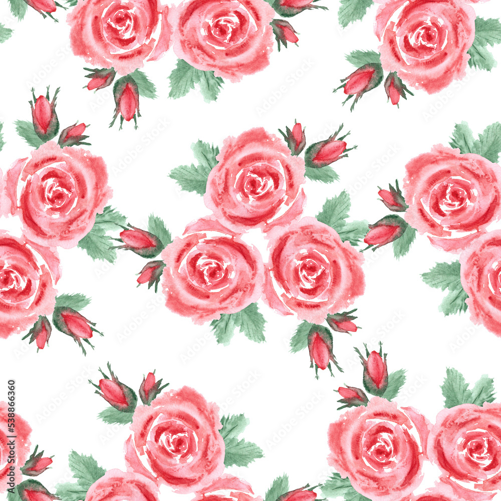 Seamless pattern with pink flowers, buds and leaves, painted in watercolor, is highlighted on a white background.