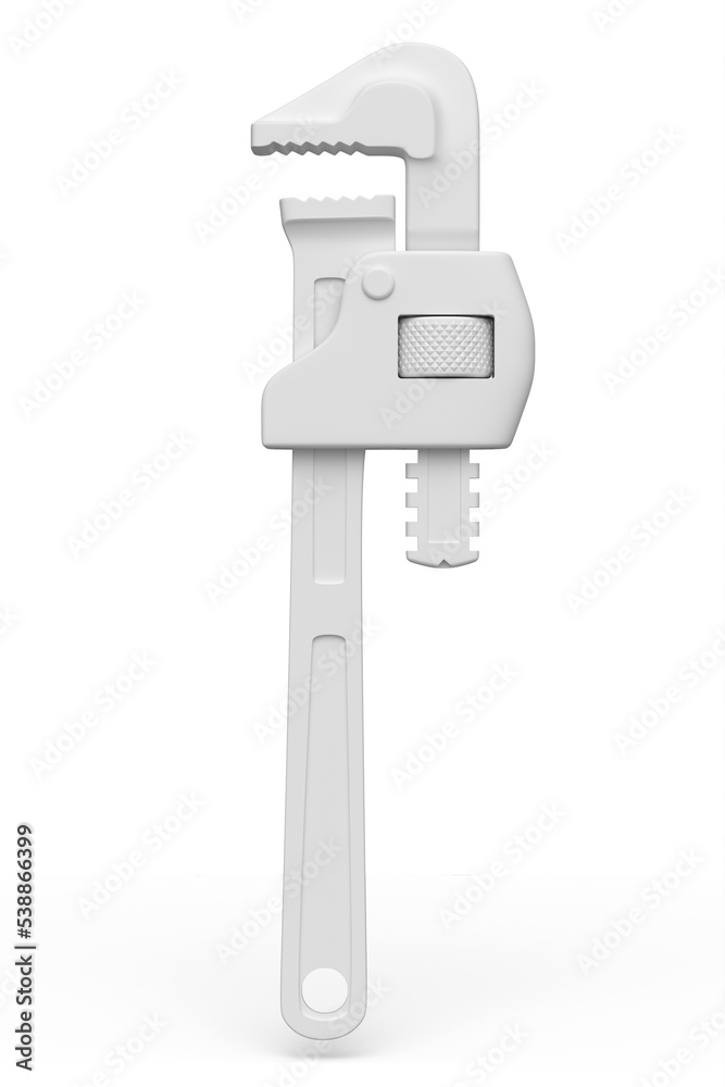 Adjustable pipe wrench, spanner or plumbing tool on white monochrome background.