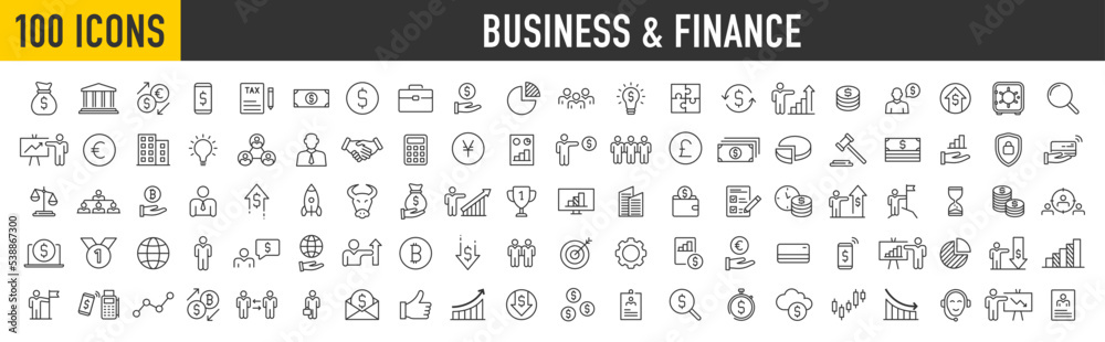 Set of 100 Business and Finance web icons in line style. Money, bank, contact, office, payment, strategy, accounting, infographic. Icon collection. Vector illustration.