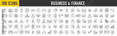 Set of 100 Business and Finance web icons in line style. Money, bank, contact, office, payment, strategy, accounting, infographic. Icon collection. Vector illustration. © iiierlok_xolms