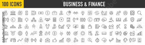 Set of 100 Business and Finance web icons in line style. Money, bank, contact, office, payment, strategy, accounting, infographic. Icon collection. Vector illustration.