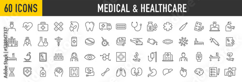 Foto Set of 60 Medical and Healthcare web icons in line style