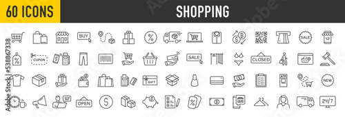 Set of 60 Shopping web icons in line style. Online shop, digital marketing, delivery, coupon, discount, bank card, gift, shop collection. Vector illustration.
