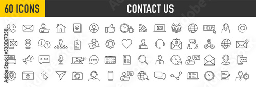 Set of 60 Contact Us web icons in line style. Web and mobile icon. Chat, point, chat, support, message, phone, globe, call, info collection. Vector illustration.