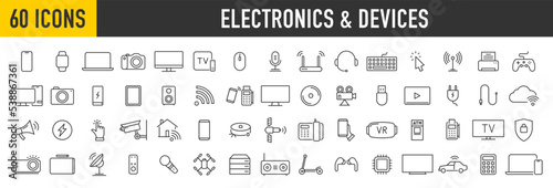 Set of 60 Device and technology web icons in line style. Computer monitor, smartphone, internet, network, programming, tablet and laptop collection. Vector illustration. 