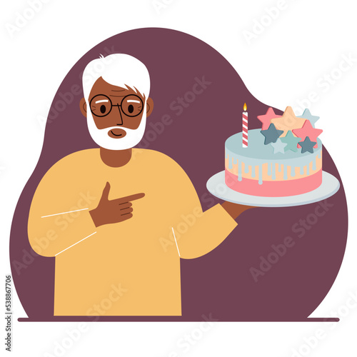 A old man celebrates a birthday or some event. A man with a birthday cake with a candle.