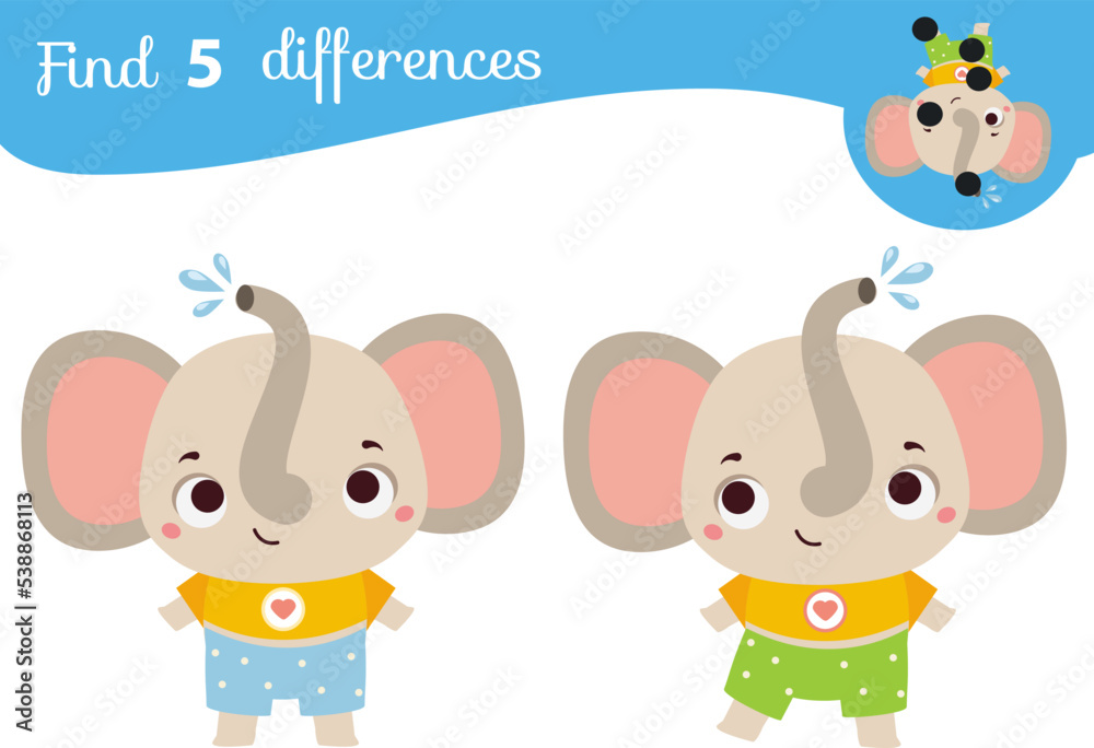 Naklejka premium Find the differences educational children game. Kids activity with cartoon elephant