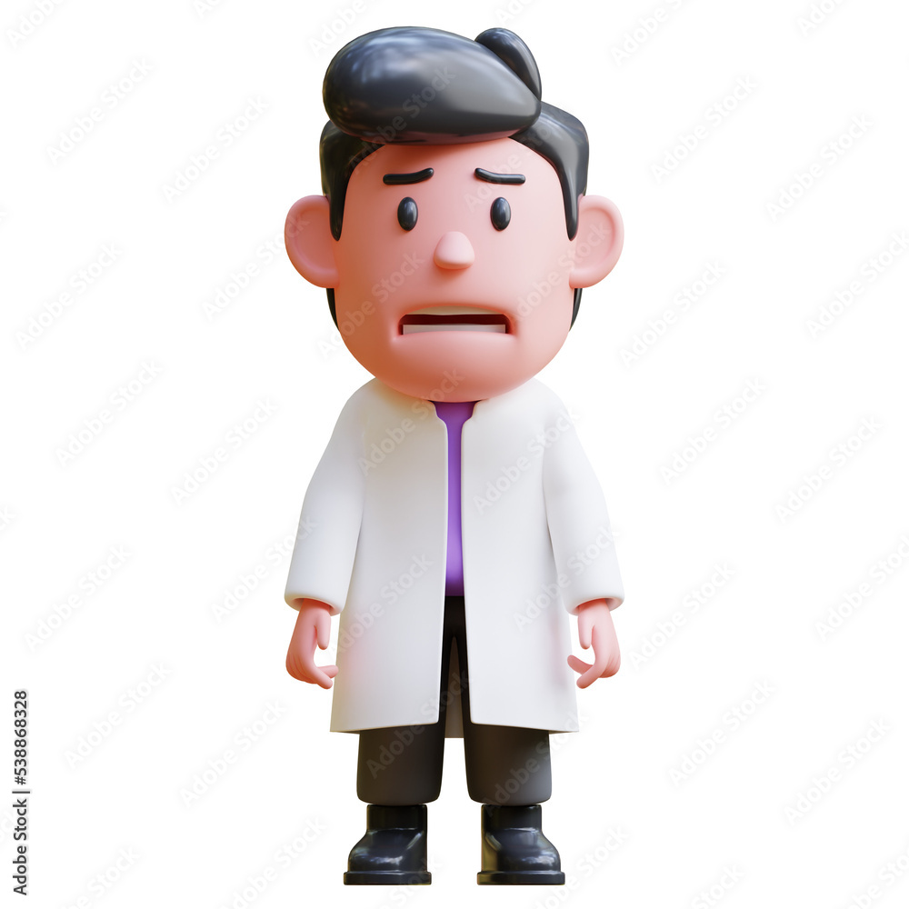 3d rendering of cute scientist character illustration expression sad, upset, lost, weak