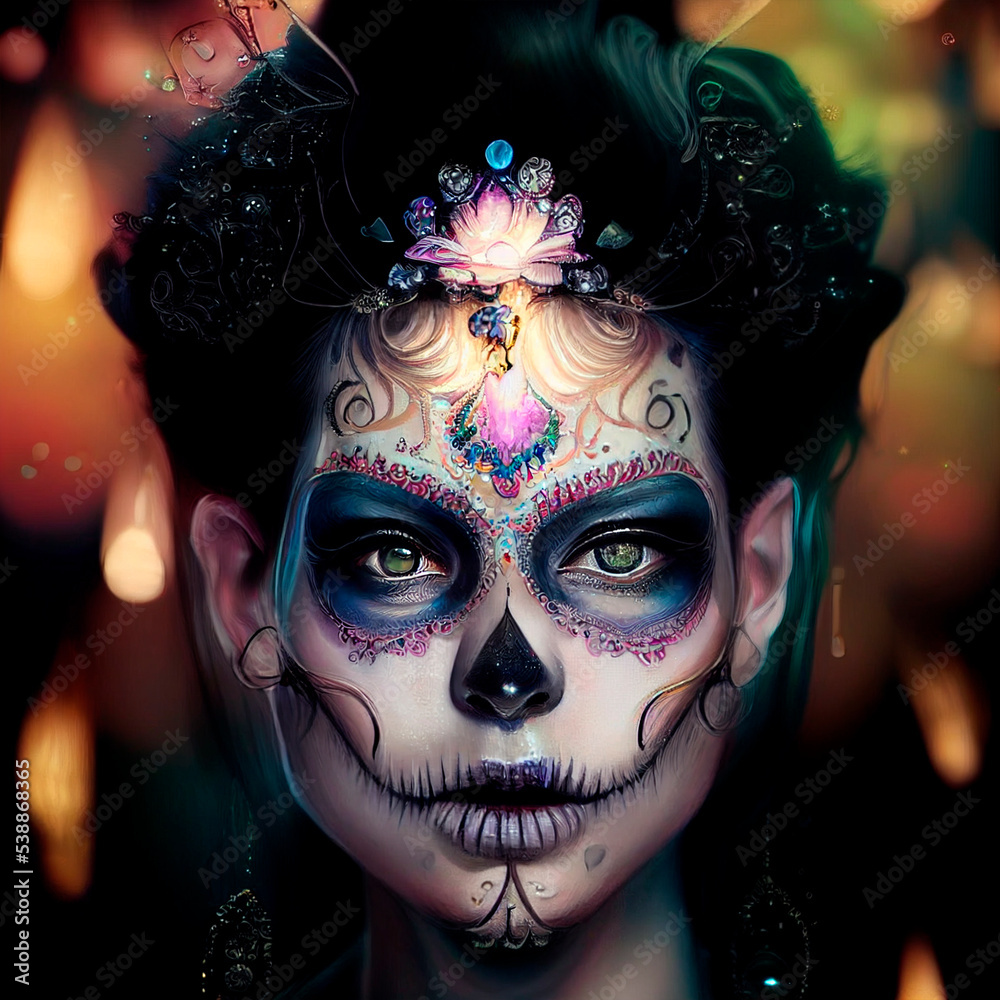 Sugar skull girl with colorful flowers. Dia de los muertos. Day of The Dead. Digital illustration Sugar skull girl with colorful flowers. Dia de los muertos. Day of The Dead. Digital illustration
