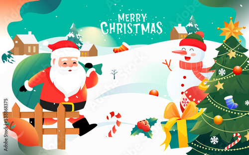 Christmas, Santa Claus delivering gifts on Christmas Eve with Christmas tree and gifts in the background, vector illustration