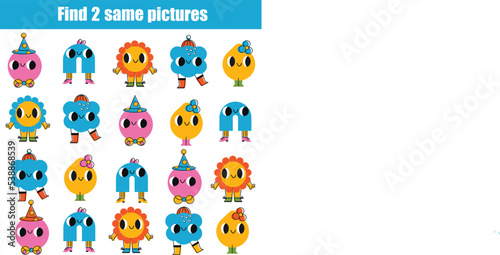 Children educational game. Find two same pictures of cute characters