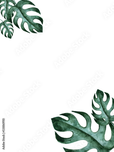 Frame of tropical watercolor leaves palm tree, monstera leaf with copy space, vector template