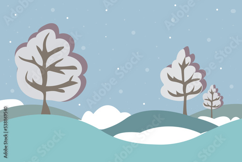 Winter landscape background with snow forest and field. Flat design. Vector illustration. Merry Christmas and Happy New Year. Christmas sale.