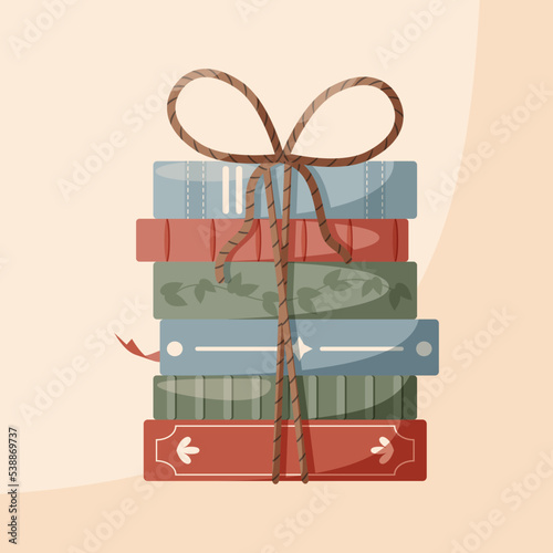 Books stack.  Pile of beautiful books cover.  Classic books stacked and tied together with a rope. twine. Warm colours. Vector illustration.