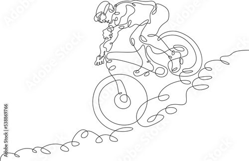 One continuous line. The cyclist descends the mountain. Mountain bike. The athlete rides a bike. One continuous line is drawn on a white background.