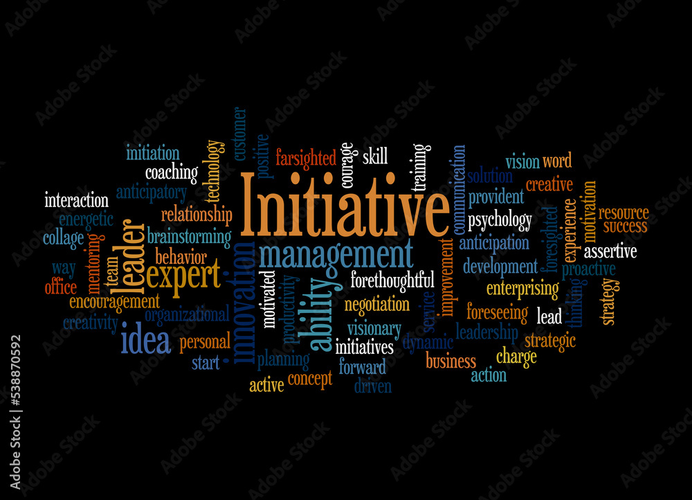 Word Cloud with INITIATIVE concept, isolated on a black background Word Cloud with INITIATIVE concept, isolated on a black background