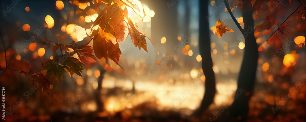 Fototapeta Autumn background Yellow red orange leaves and trees during autumn season with warm sunlight Beautiful nature scene 3d render
