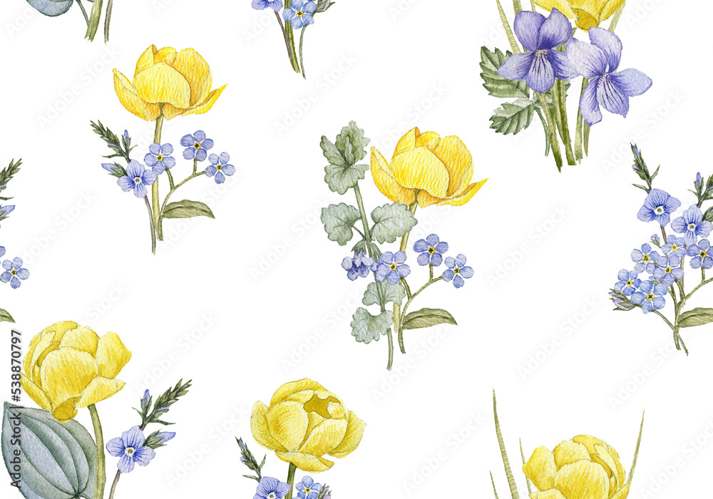 Fototapeta premium watercolor drawing seamless pattern with spring flowers of yellow globeflowers, violets, forget-me-nots and ground ivy, hand drawn illustration