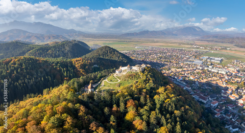 Landscape with aerial view of Rasnov town at autumn season, Brasov, Transylvania, Romania
