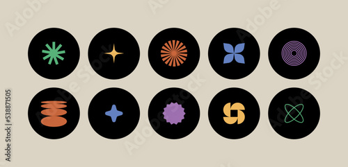 Vector set of template icons for social highlights, business in minimalist brutalist design. Bundle of futuristic shapes and geometric figures.