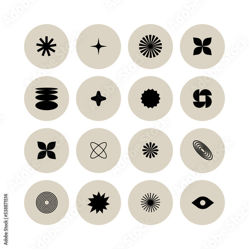 Vector set of template icons for social highlights  business in minimalist brutalist design. Bundle of futuristic shapes and geometric figures.