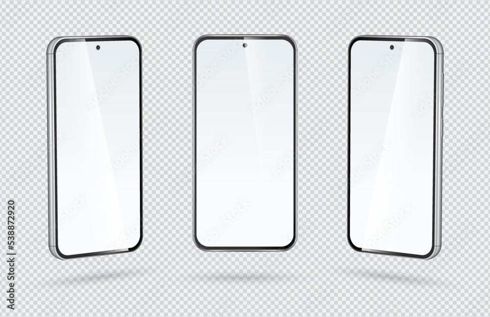 Realistic vector smartphone. Isolated cell phone mockup. Front, right and left view of mobile phone with blank screen isolated on transparent background. Realistic vector smartphone. Isolated cell phone mockup. Front, right and left view of mobile phone with blank screen isolated on transparent background.