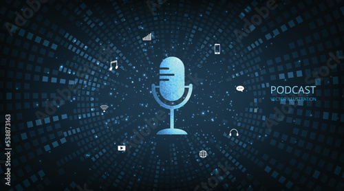 Illustration of Podcast icon with circle wave vector background. Podcast logo, Microphone icon on dark blue background.	