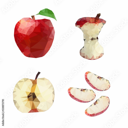 Vector illustration collection of sliced ​​apple, half apple, bitten apple in low poly style.