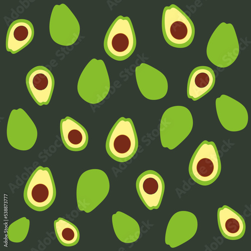 Avocado slice seamless pattern in hand drawn style. Repeating fruit background vector for summer fabric, decoration, backdrop, textile, ornament, ornate, wallpaper and fashion design.