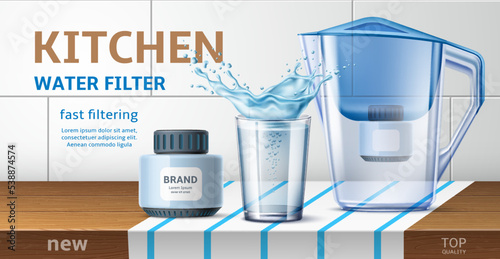 Realistic water filter poster. Kitchen home appliances, 3d jug with spare cassette and glass with splashes, natural pure aqua filtration and clearing, advertising banner, utter vector concept