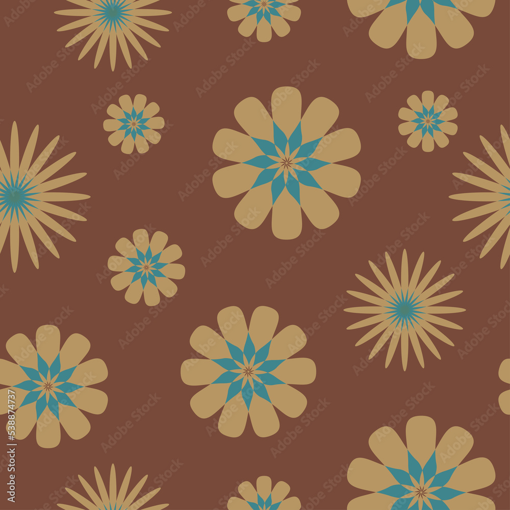 A seamless floral pattern in retro style, 70s wallpaper, yellow geometrical daisies on a brown background