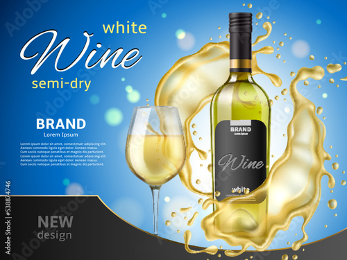 Realistic white wine splashes poster. Drink explosion, wineglass and glass bottle with grape alcohol, 3d closed flask, copy space for text, advertising banner template, utter vector concept