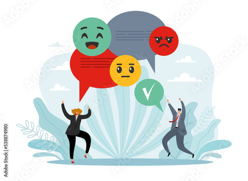 Sentiment analysis and written test, emotion recognition, automated artificial intelligence technologies. Happy man and woman with speech bubbles and emoji. Vector cartoon flat concept