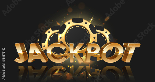 Golden letters Jackpot with three gold and black poker chips  token and sparkles on black background. Concept for casino design. Vector illustration for postcard  web  advertising