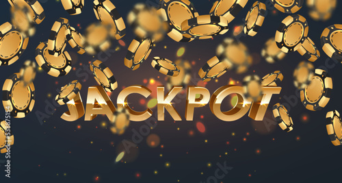 Falling gold poker chips, tokens with golden letters Jackpot on black background with golden glare, sparkles, bokeh. Vector illustration for casino, game design, advertising