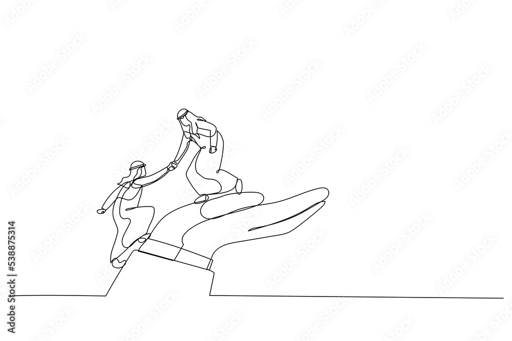 Cartoon of arab businessman helps companion climb to the giant hand. Continuous line art