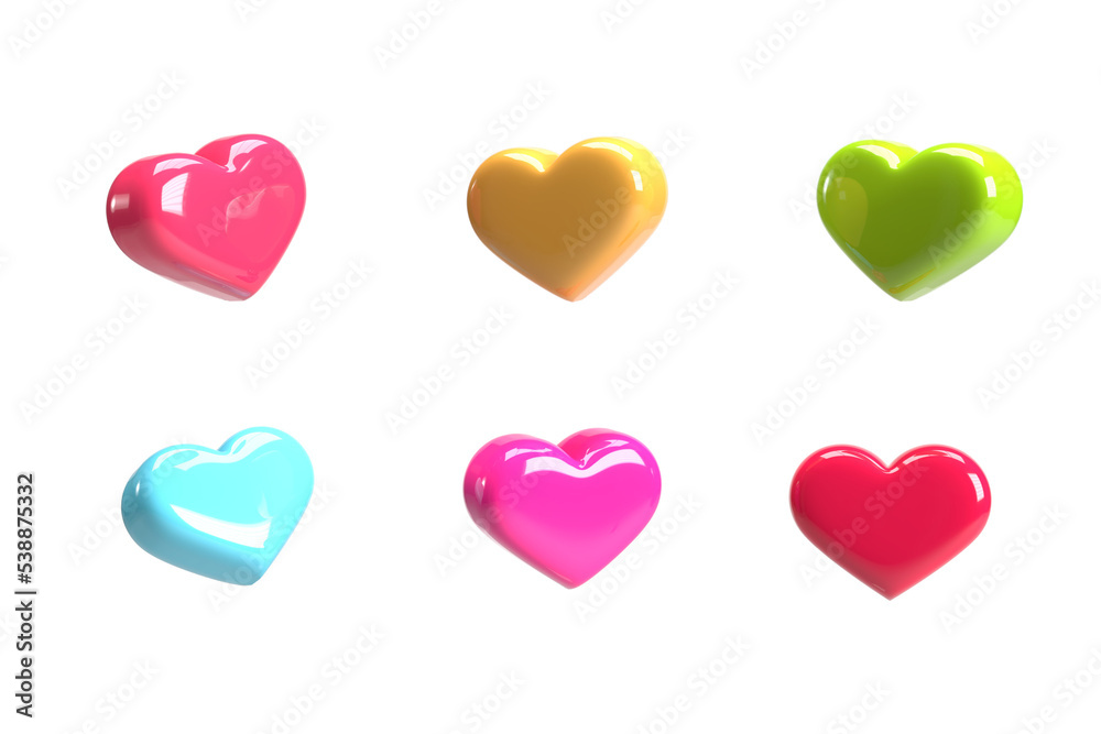 3d cartoon colorful heart shaped toy collection isolated on light transparent. Suitable for Valentine's Day and Mother's Day decoration.