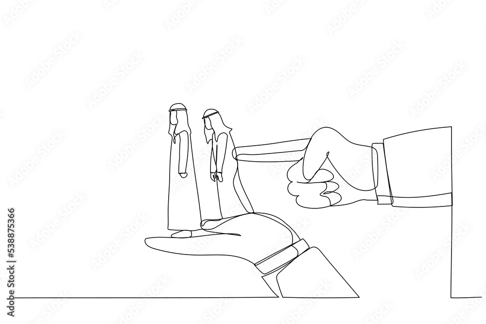 Illustration of index finger overturns row of arab man standing on big hands. Metaphor for dismissal, unemployment, layoffs. One line art style Illustration of index finger overturns row of arab man standing on big hands. Metaphor for dismissal, unemployment, layoffs. One line art style
