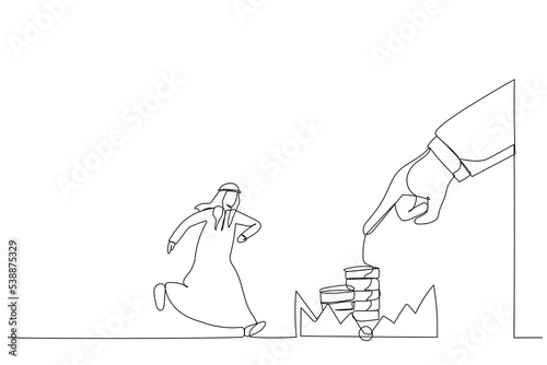 Drawing of arab man running to catch the coin money in the steel bear trap. Metaphor for greed, financial risk and bad decision. Single continuous line art