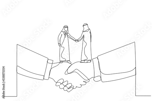 Drawing of arab businessman shaking hands and making deal standing on giant hand. Metaphor for small and big business. Single line art style