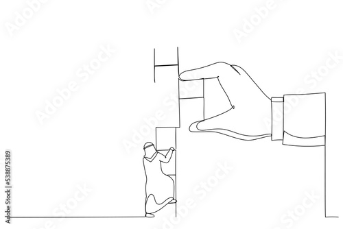 Cartoon of arab businessman climbing up to top of broken ladder with huge helping hand to connect to reach higher. Single continuous line art style photo