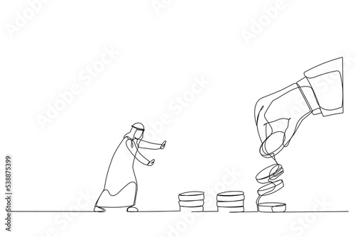 Illustration of big hand use dollar coin to entice arab businessman. Metaphor for business trap and financial. One line art style