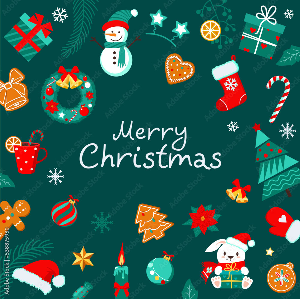 Christmas pattern with an inscription. Vector colorful template for greeting cards. Merry Christmas and Happy New Year.