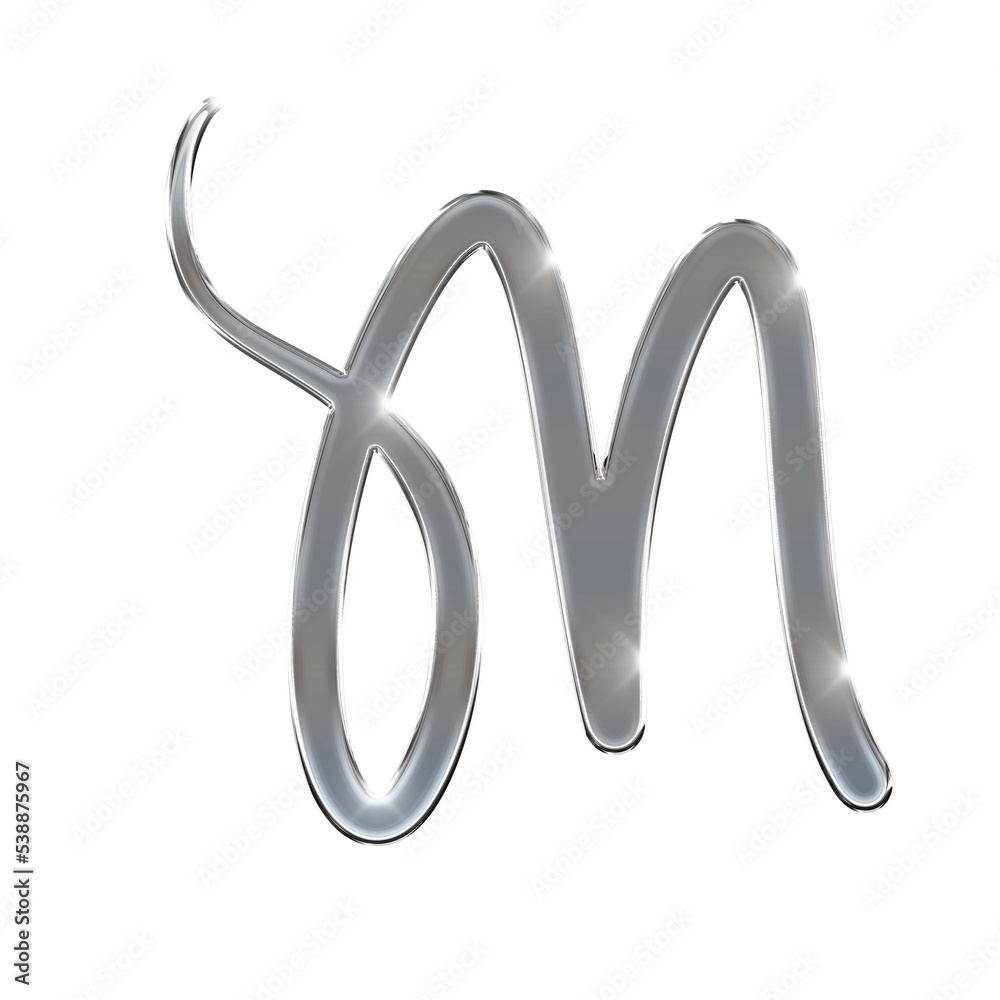 Silver Chrome Sparkles Calligraphy Alphabet Letter M, Cursive M Stock