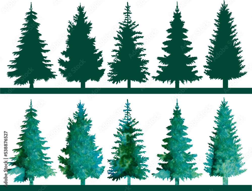 christmas tree green silhouette watercolor set design isolated vector