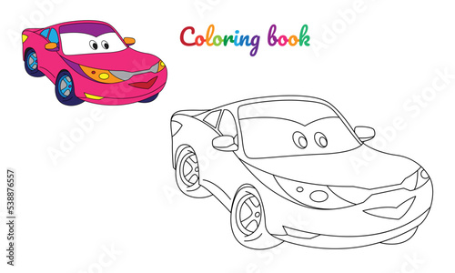Cartoon pink car sedan for girl. Small funny vector cute vehicle with eyes and mouth. Comic character for kids on white background. Coloring page for children, color and linear illustration.