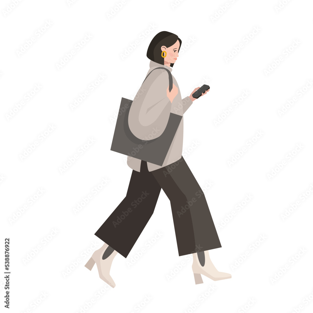 Girl walking with phone and writing messages Girl walking with phone and writing messages