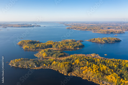 Beautiful autumn landscape with islands aerial view.